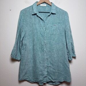 Studio Clip Japanese Women 100% Linen Roll Tab 3/4 Sleeve Button Down Tunic Top